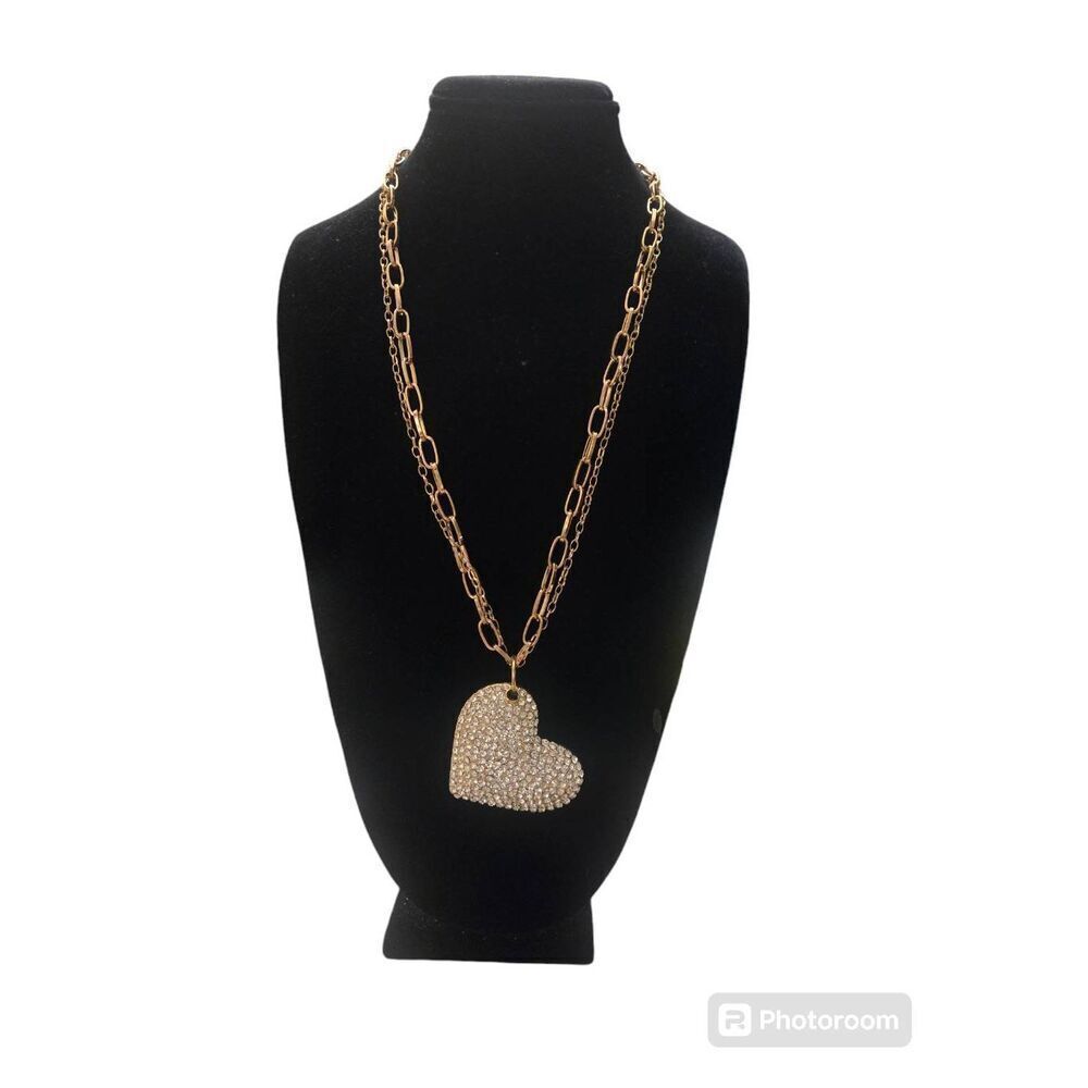Taramanda Vintage Rhinestone Large Puff Heart Pendant Necklace